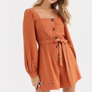 ASOS - Button Front Tie Waist Puff Sleeve Romper